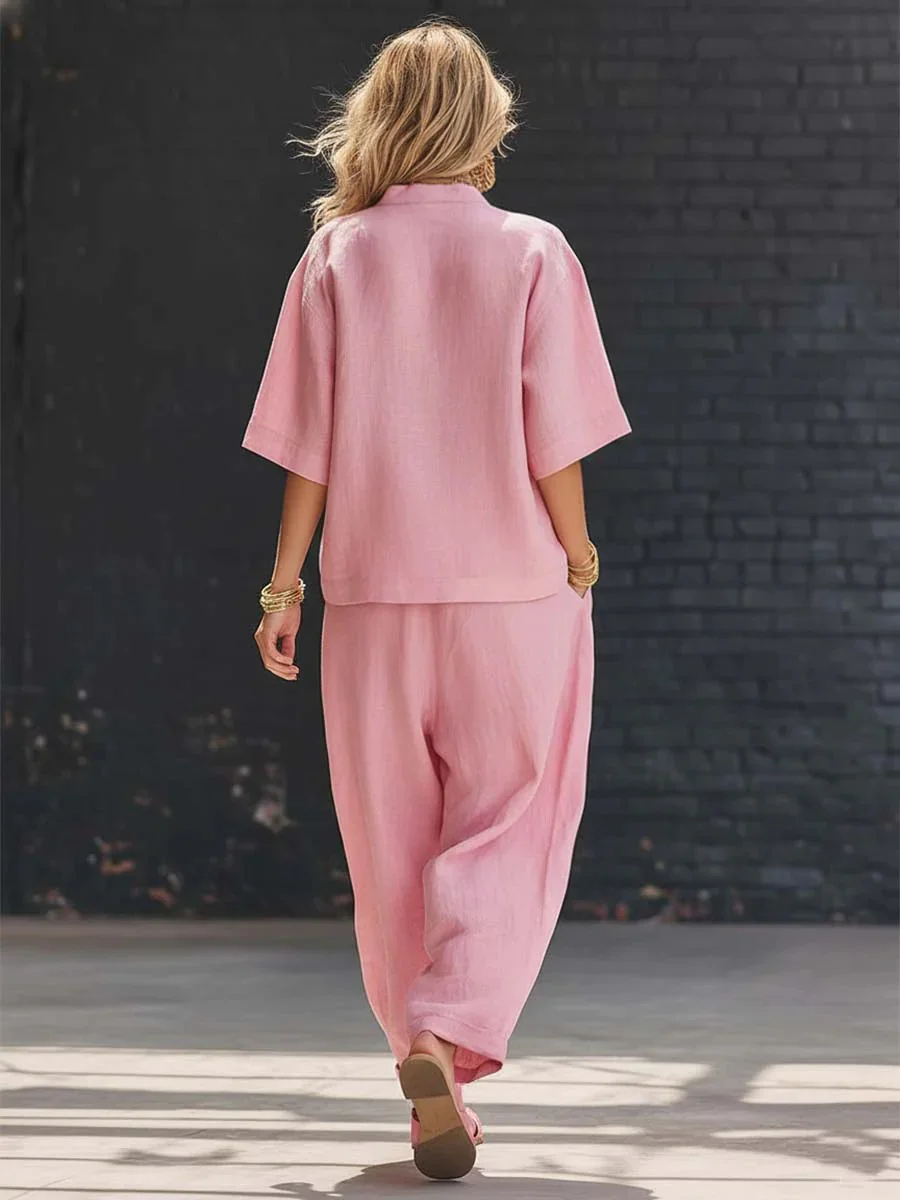 Cotton And Linen V Neck Short Sleeve Button Top With Pants Casual Two ...