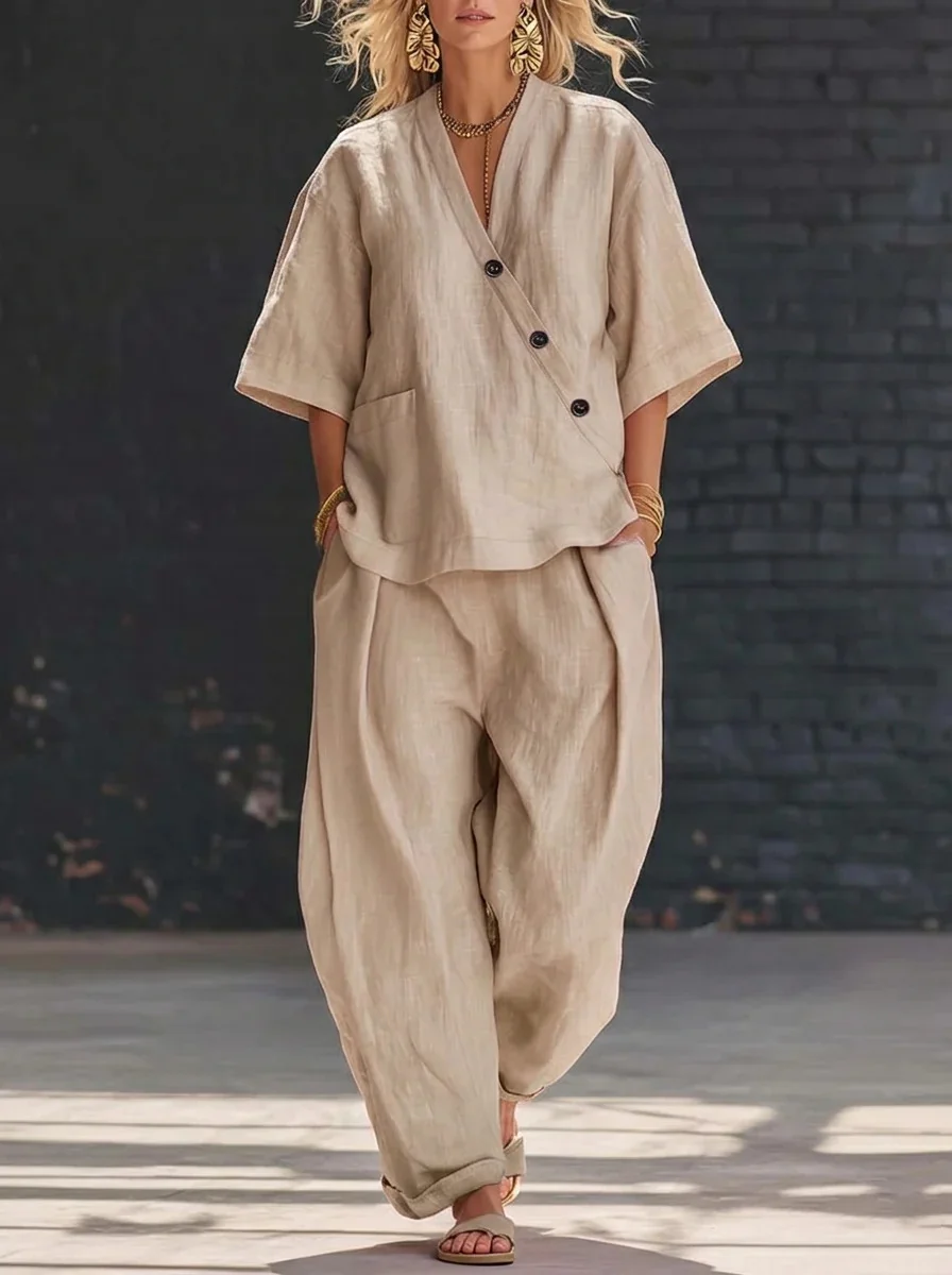 Cotton And Linen V Neck Short Sleeve Button Top With Pants Casual Two ...