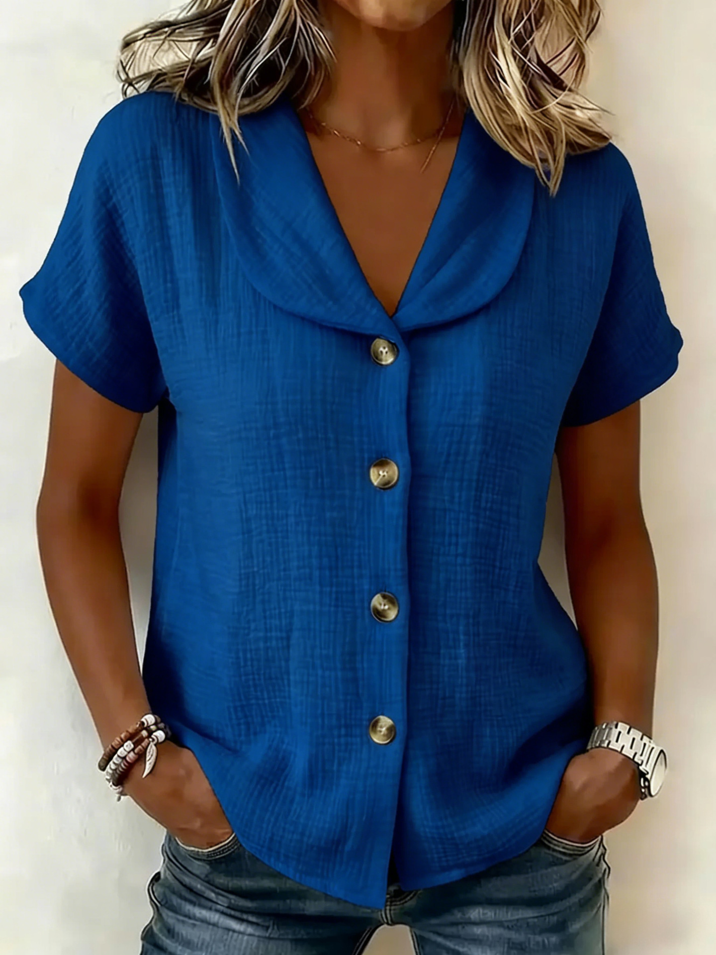 Cotton And Linen V Neck Short Sleeve Button Summer Plain Casual Shirt ...