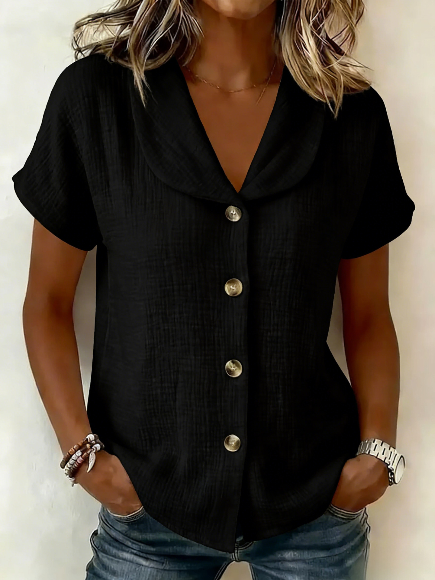 Cotton And Linen V Neck Short Sleeve Button Summer Plain Casual Shirt ...