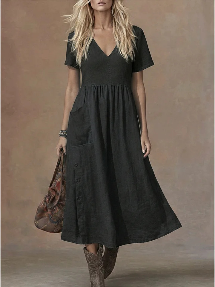 Elegant V Neck Short Sleeve Side Button Pocket Casual Midi Dress | zolucky