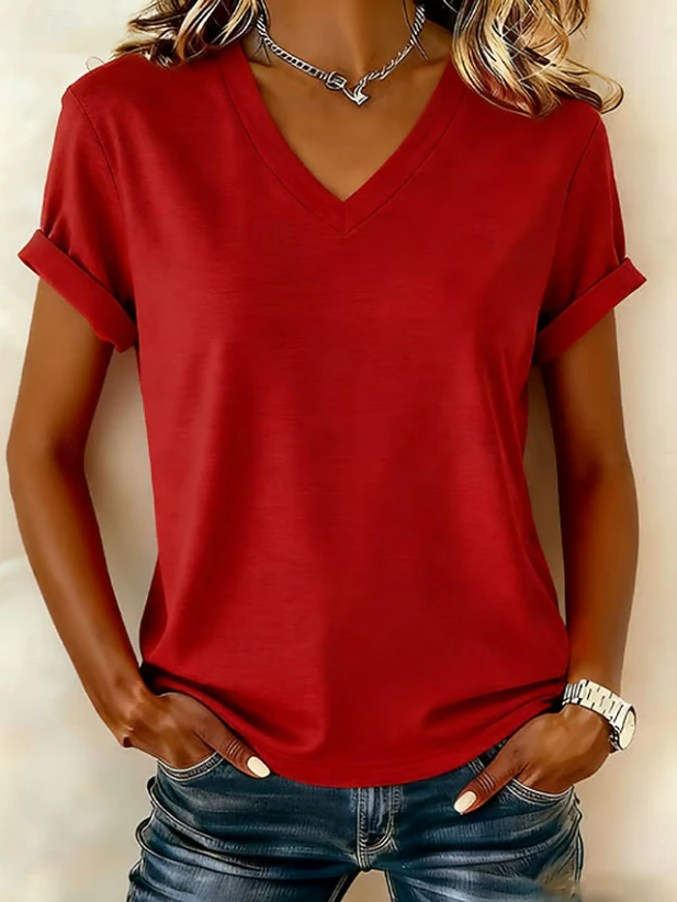 Women's Short Sleeve T-shirt Summer White Plain Printing V Neck Holiday ...