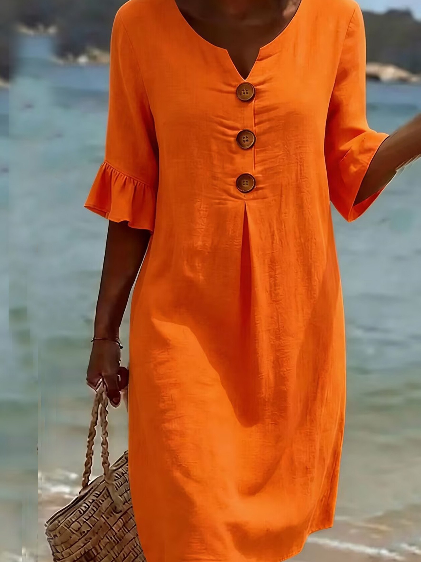 Cotton Plain V Neck Short Sleeve Button Casual Regular Fit Dress | zolucky