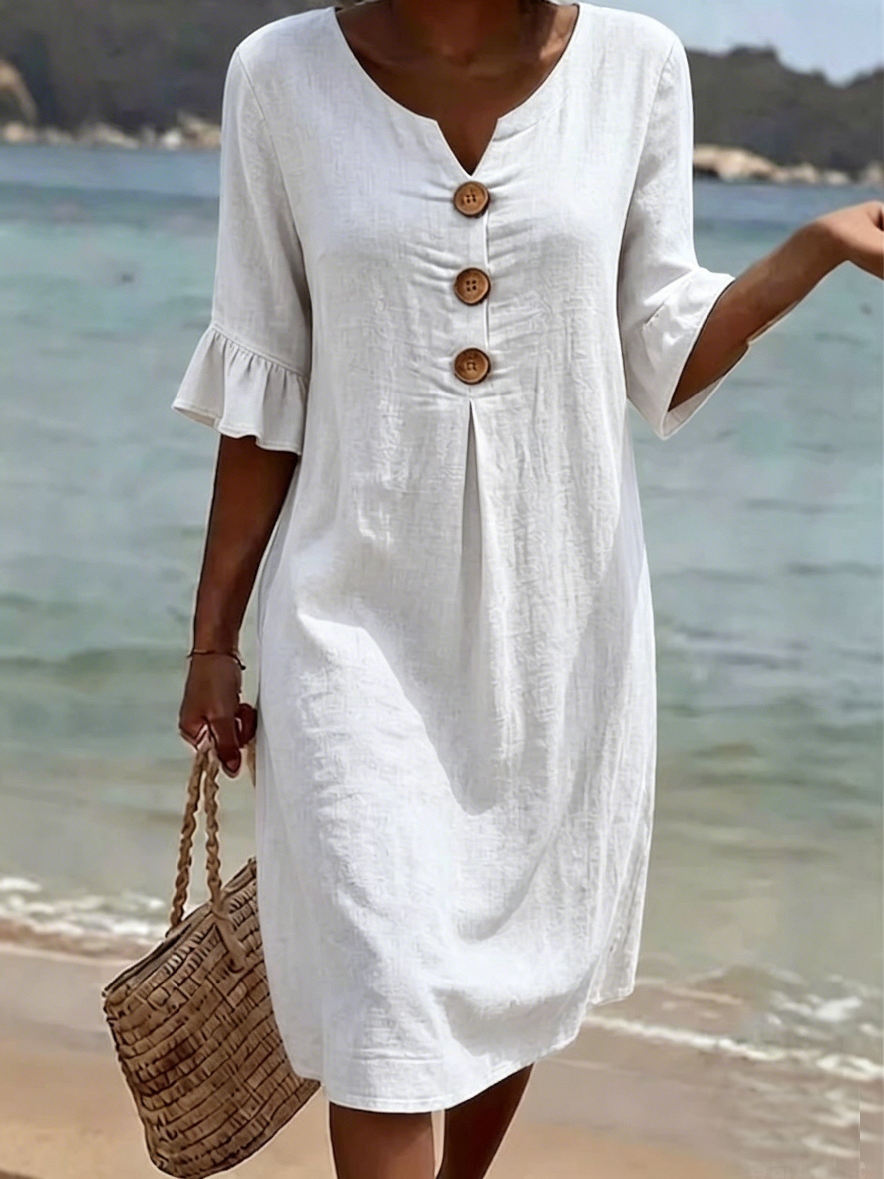 Cotton Plain V Neck Short Sleeve Button Casual Regular Fit Dress | zolucky