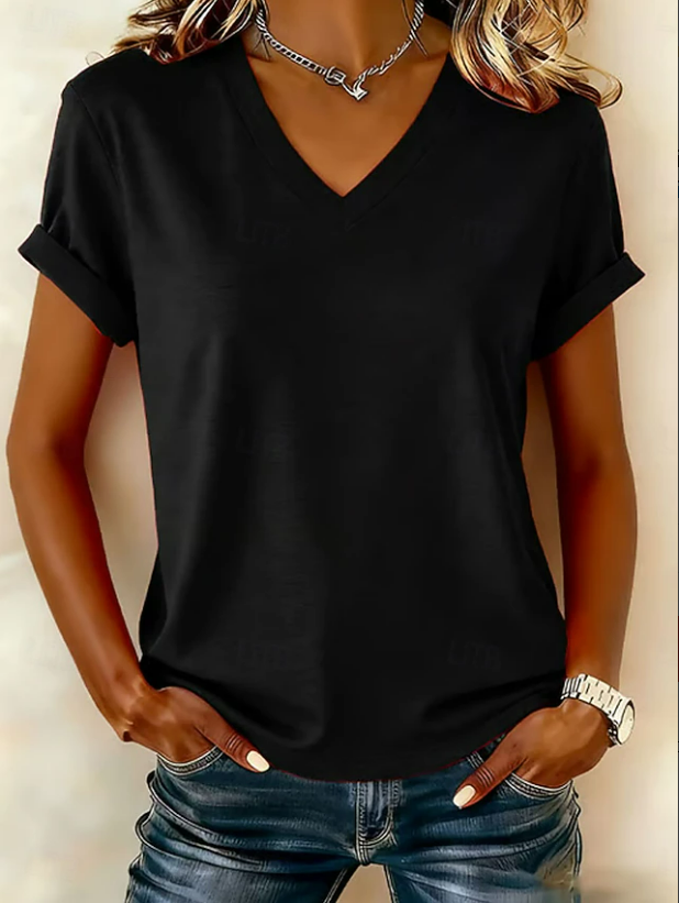 Women's Short Sleeve T-shirt Summer White Plain Printing V Neck Holiday ...