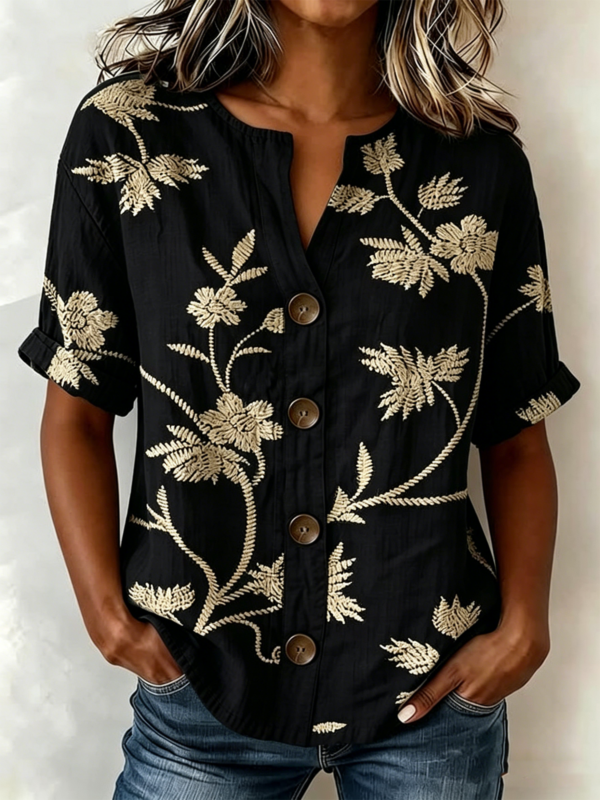 Women's Floral Print Linen Blend V-Neck Button Front Rolled Sleeve ...