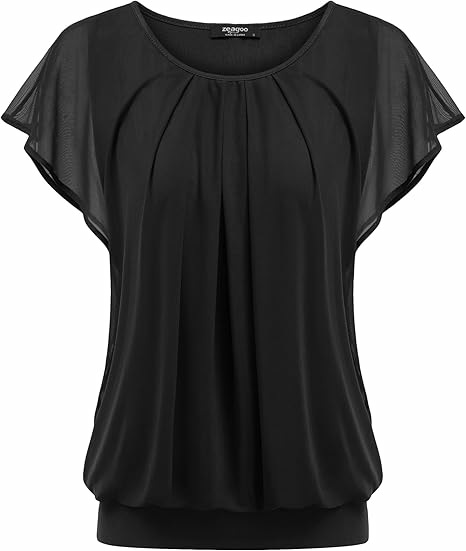 Round Ruffle Arm Elegant Round Neck Short Sleeve Ruffle Pleat Loose Summer Going Out ...
