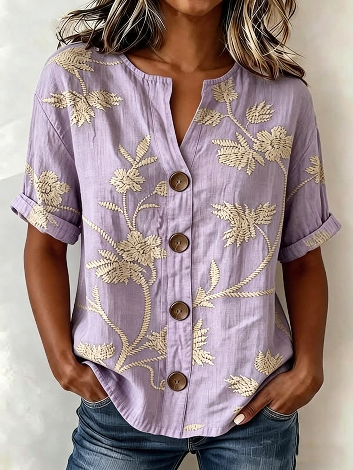 Women's Floral Print Linen Blend V-Neck Button Front Rolled Sleeve ...