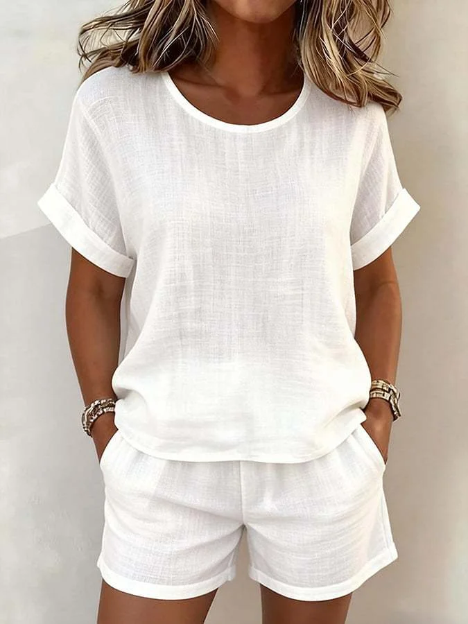 Plain Cotton And Linen Short Sleeve Round Neck Top With Shorts Summer ...