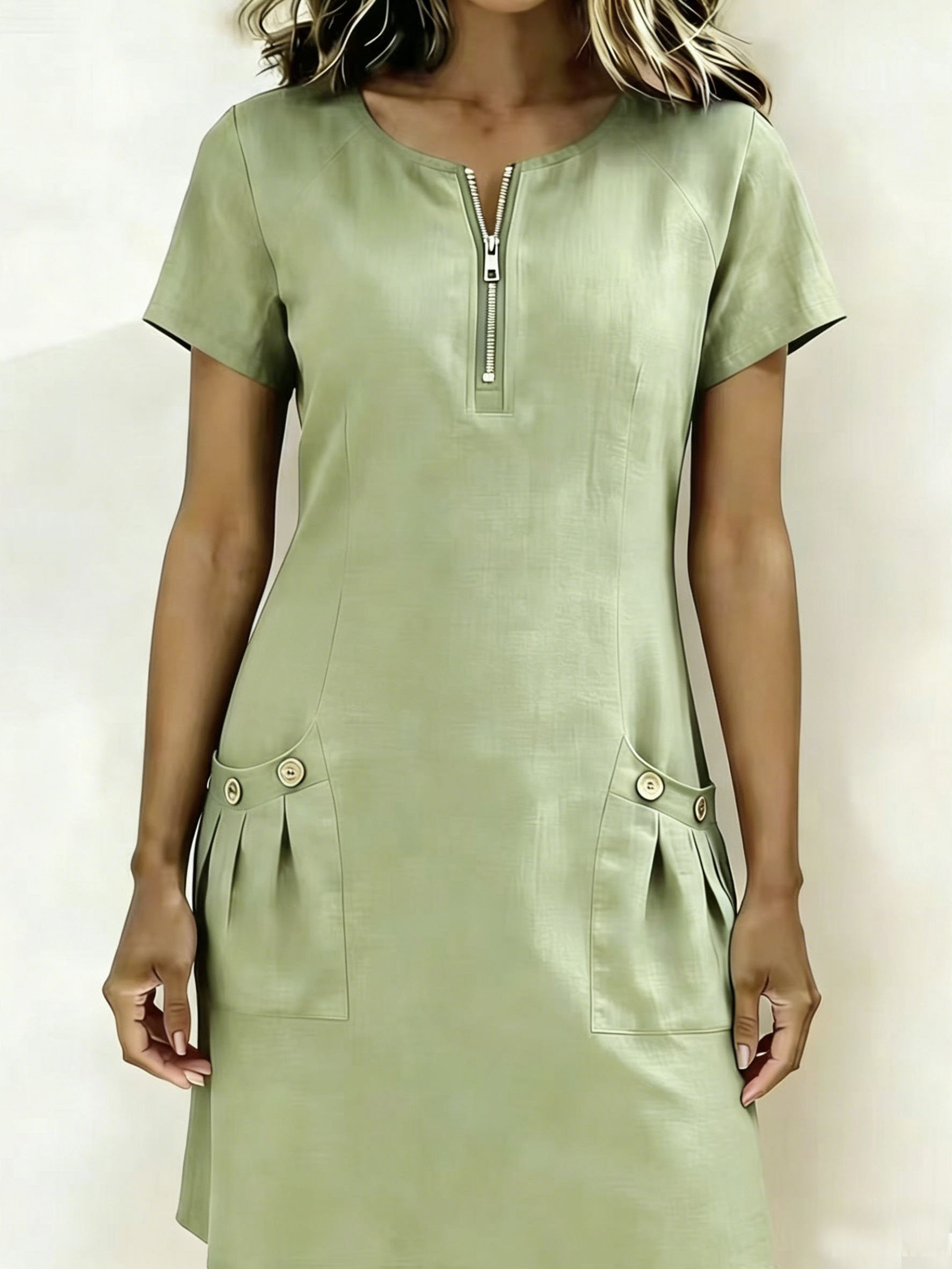 Plain Cotton Linen Short Sleeve Round Neck Zipper Pocket Button Casual ...