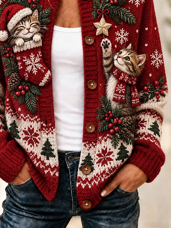 Crew Neck Regular Fit Vintage Christmas Cardigan | zolucky