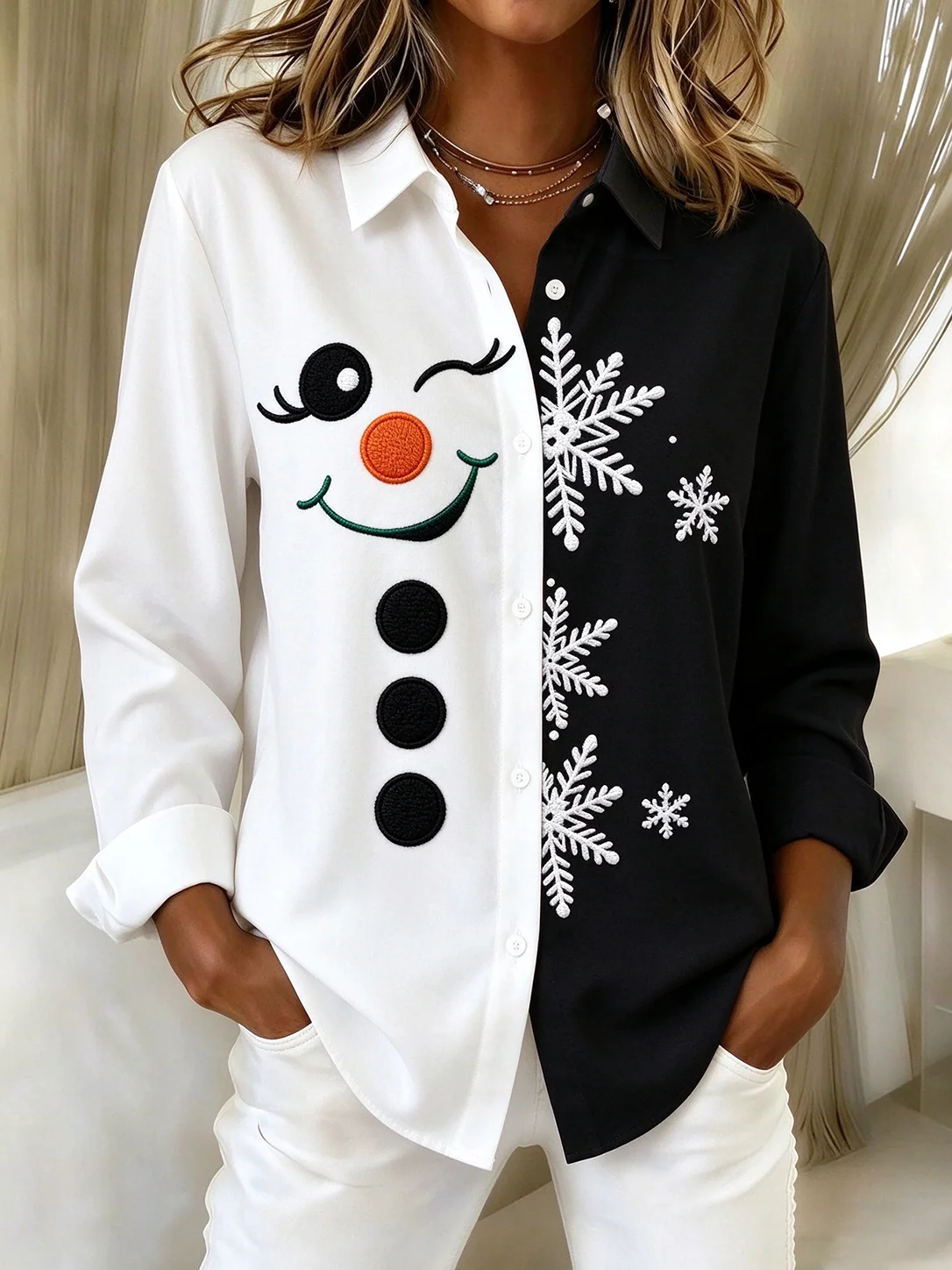 Helping Process Imae Women's Long Sleeve Shirt Spring/Fall Black-white Christmas Snowman ...