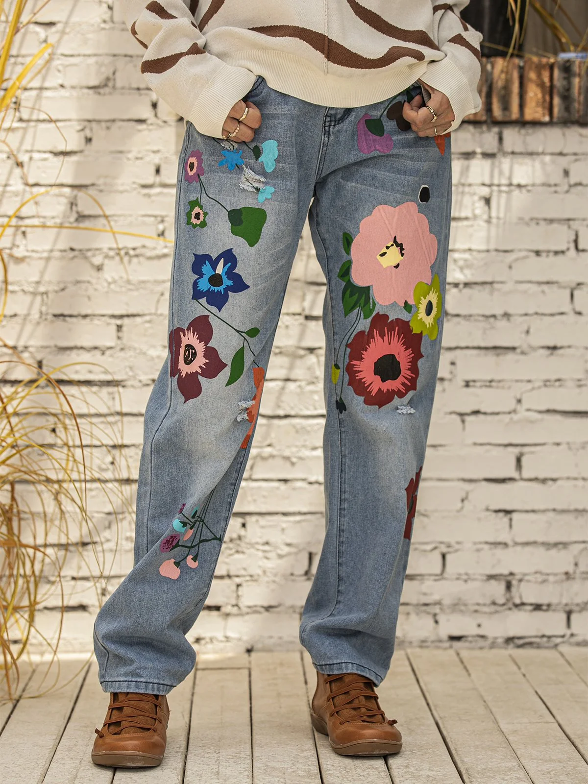 All Season Denim Floral Casual Jeans