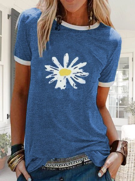 Women Floral Print Short Sleeve Round Neck T-shirt Top