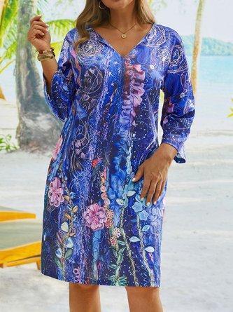 Plus Size Geometric Floral Printed Notched Casual Weaving Dress