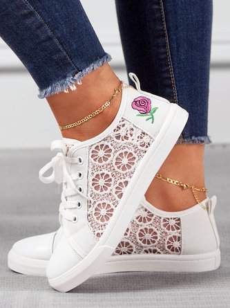 Breathable Mesh Rose Embroidery Lace-Up Canvas Shoes