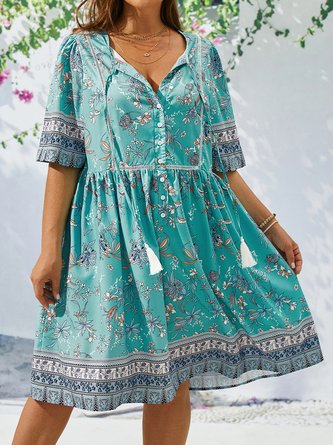 Plus Size V Neck Short Sleeve Cotton-Blend Casual Boho Dress | zolucky