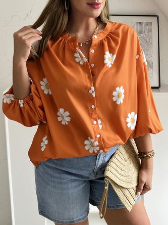 Plus Size Loose Daisy V Neck Casual Blouse