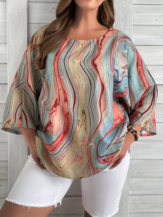 Plus Size Casual Crew Neck Printed Long Sleeve Top