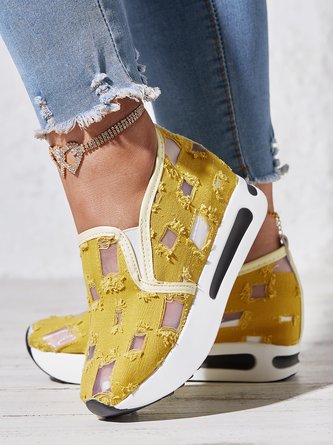 Mesh Ripped Denim Raw Hem Slip On Muffin Sneakers