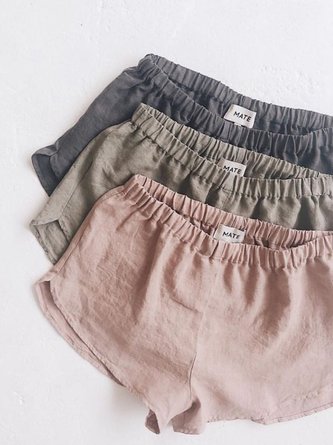 Casual Solid Color Elastic Waist Plus Size Cotton Short Shorts for Women