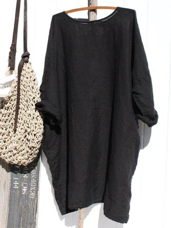 Zolucky Cotton & Linen Crew Neck Top Casual Solid Long Sleeve Tunic