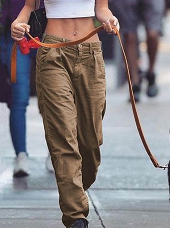 Women Casual Plain Pockets Low Rise Pants