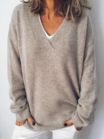 Women Casual Cotton-Blend Solid Color Loose Fit V neck Sweater
