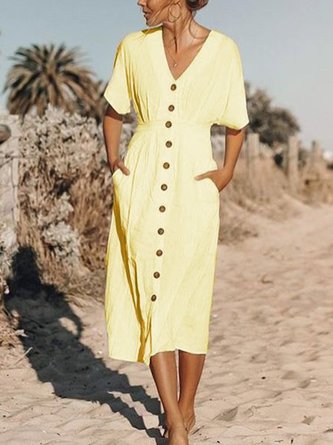 Women Solid Cotton Casual V Neck Weaving Dress