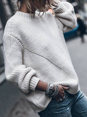 Round Neck Cotton-Blend Long Sleeve Sweater