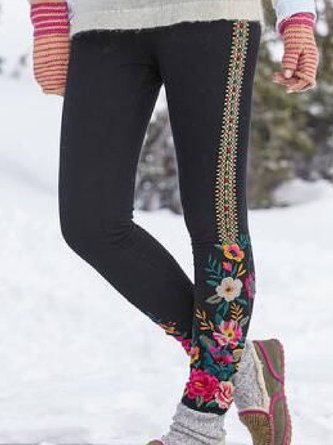 Black Embroidered Casual Cotton-Blend Pants