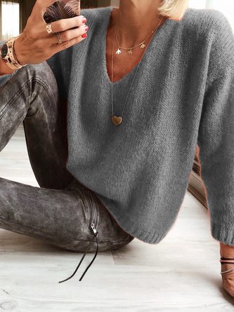 Casual V Neck Plain High Elasticity Knitted Long Sleeve Sweater