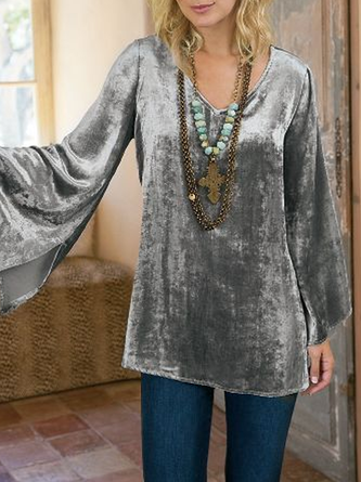 Silver Casual Velvet Plus Size Shirts & Tops
