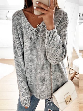 Women Vintage V Neck Long Sleeve Solid Sweater