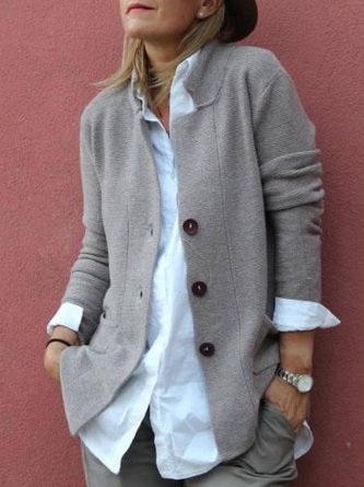 Gray Cotton-Blend Plain Long Sleeve Knit coat