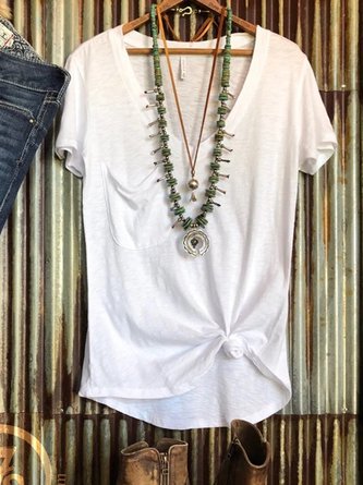 Plus Size Short Sleeve Plain V Neck Cotton-Blend T-shirt