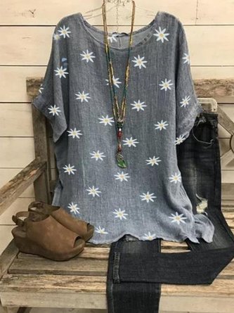 Gray Round Neck Printed Casual Tops for Women