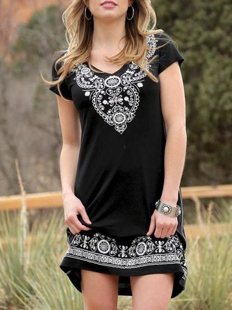V Neck Casual Cotton-Blend Printed Weaving Dress