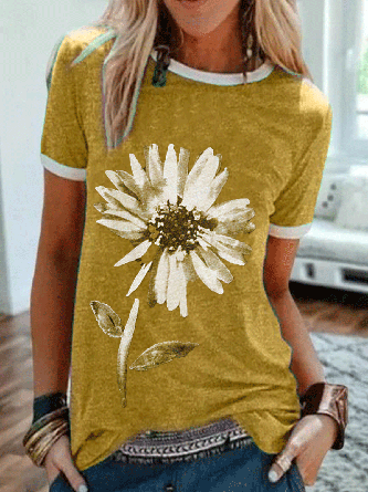Zolucky Women Crew Neck Casual Floral Printed Tee Shirt T
