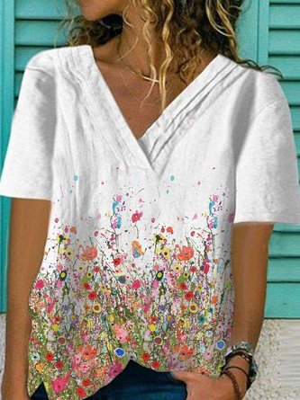 Women Floral-Print Casual V Neck Shirts & Tops