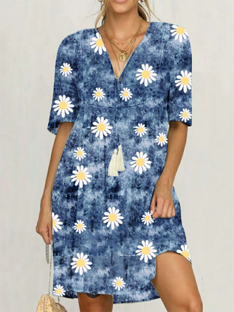 Blue Cotton Short Sleeve Floral V Neck Casual Sunflower Dresses for Women