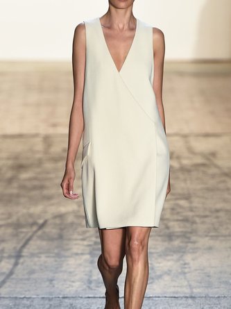 White Sleeveless Cotton-Blend V Neck Weaving Dress