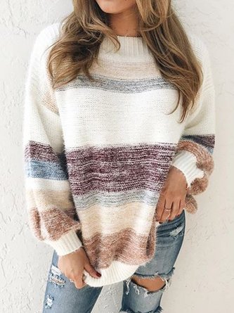 Vintage Multicolor Striped Plus Size Long Sleeve Crew Neck Casual Sweater