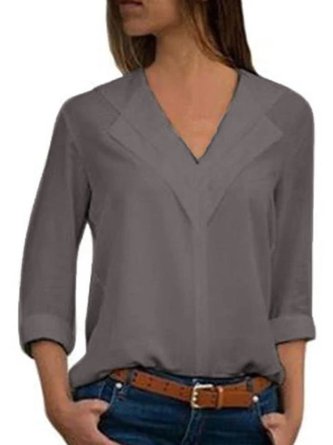 zolucky Women V-Neck Solid Color Long Sleeve Blouse