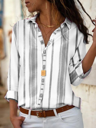 Women Shirt Collar Long Sleeve Striped Shirts