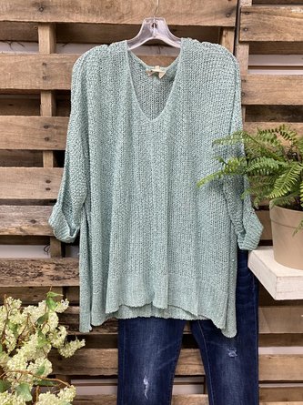 Solid Cotton-Blend Casual V Neck Sweater