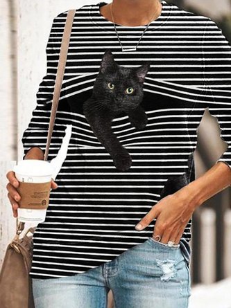 Women's Cat Print Tops Crew Neck Cotton-blend Striped Cartoon Casual Outdoor Hoodies
