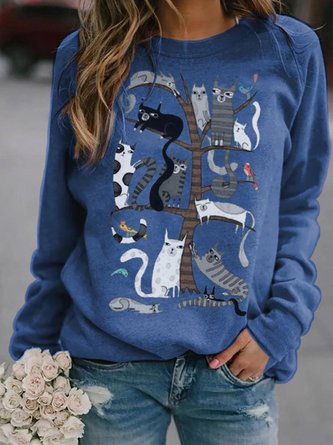 Vintage Statement Cat Printed Plus Size Long Sleeve Crew Neck Casual Tops