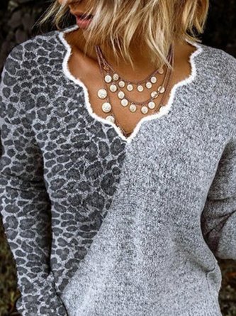 Women Gray Long Sleeve Cotton-Blend Ruffled Sweater