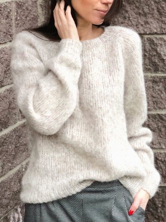 Beige Long Sleeve Casual Cotton Solid Sweater
